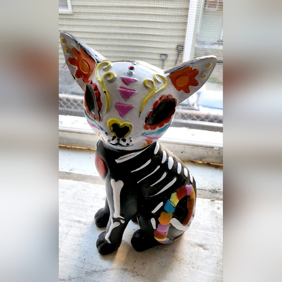 NWOT Day of the dead decorative cat statue colorful home decor, sugar skull - Picture 1 of 5